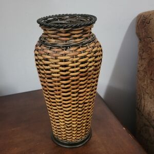 Basketweave Vase Rattan & iron.